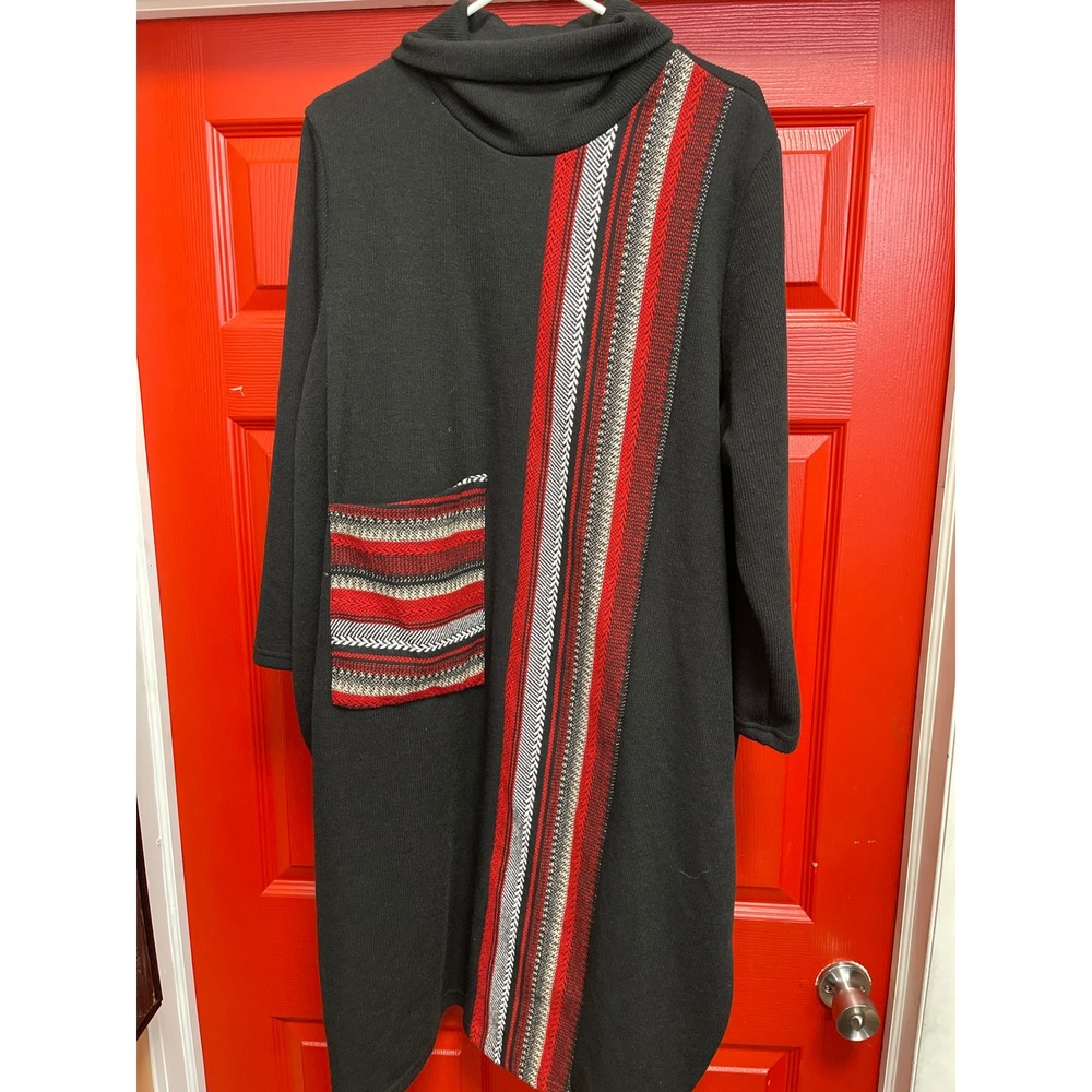Yipinyichu Black Knit Turtleneck Sweater Dress Red Woven Stripe XXL NEW